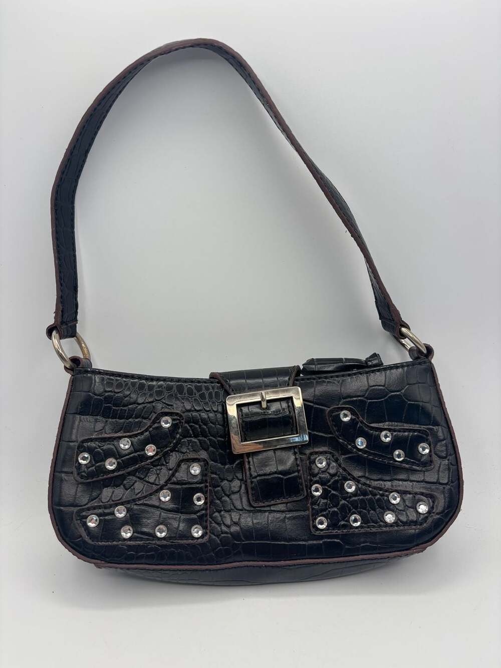 So… Black Croc Embossed Rhinestone Buckle Y2K Underarm Shoulder Bag